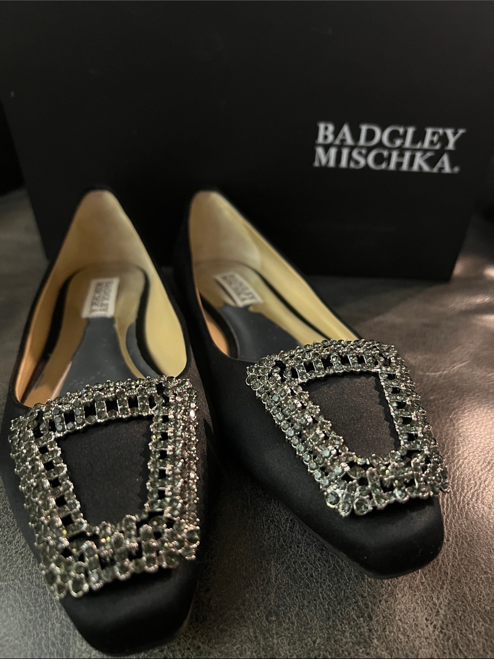 Brand new Badgley Mischka Black Satin Flats with Crystal Buckle